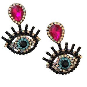 Colorful Evil Eye Crystal Drop Earrings Gold Tone